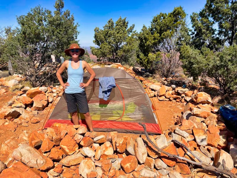 Dotti pitching her tent after walking the Larapinta Trail