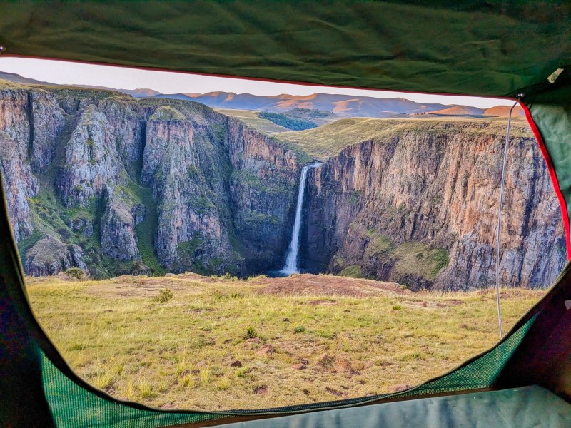 A million dollar view of Maletsunyane Falls from our tent 